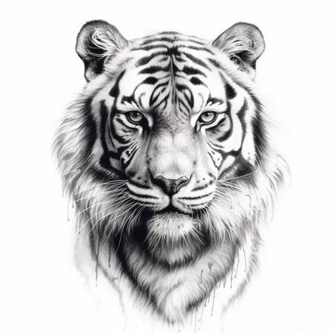 Animal With Mandala Tattoo, Wild Animal Drawings Realistic, Tiger And Lion Tattoo Together, Tiger Face Reference, Realism Tattoo Animal, Realism Animal Drawing, Black And Grey Animal Tattoos, Tiger Design Tattoo, Tiger Face Sketch