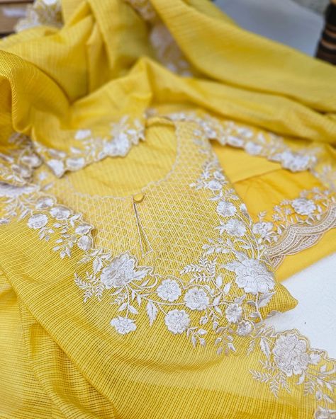 PRICE INR 5500 3pc Embroidered kota doria semi stitch Suit Set. Colour: Shade of Yellow Top Fabric: Kota doria Top measurements- Length: 45 inches, Width: 58 inches Bottom fabric: Cotton Bottom fabric measurements: 2.5 meters X 41 inches Dupatta fabric: Kota doria Dupatta - 2.25 meters X 30 inches . For details and purchase options please dm us directly or WhatsApp on +91 89209 18425 . . Please note there may be variations in colors due to photography lights and the device used for viewing... Top Measurements, Yellow Top, Cotton Bottoms, Shades Of Yellow, Suit Set, Top Fabric, Measurement Length, Light Photography, Fabric Cotton