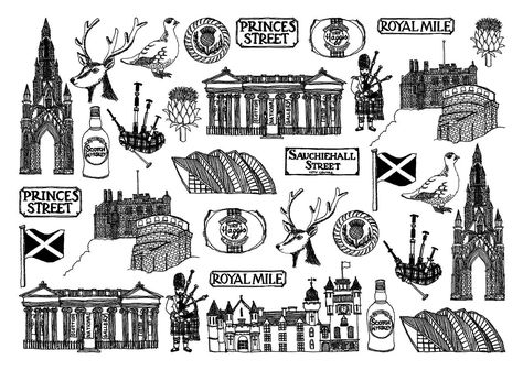 A beautifully illustrated Scotland Card. Drawn from our seaside studio in Brighton this beautiful cards are illustrated with popular Scotland attractions including Edinburgh Castle, haggis and the National Gallery. All our cards are digitally printed in black ink onto 300gsm card. All cards come with a white envelope and are individually wrapped in a cellophane sleeve and packaged in a stripy paper bag. Blank inside.          Size: A6 - Width: 14.9cm x Height: 10.5cm Price: £3.50 each or: 2 for Scotland Stamp Tattoo, Edinburgh Tattoo Ideas, Scottish Illustration, British Tattoo Ideas, Scotland Tattoo Ideas, Scotland Attractions, Dainty Tats, Cathedral Tattoo, Edinburgh Tattoo