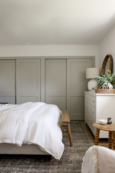 10 Greige Paint Colors You Should Know About - BLOOM AND BABE Interior Door Makeover, Halfway Wholeistic, Painted Closet, Greige Paint Colors, Greige Paint, Bedroom Redesign, Paint Palettes, Basement Storage, Bedding Essentials