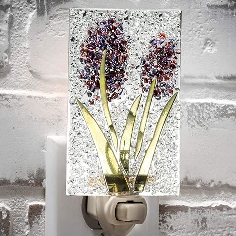 Decorative Night Light Fused Glass Purple Flower Wall Plug in Nightlight for Hallway, Bedroom, Bathroom, Kitchen NTL 209 - - Amazon.com Best Night Light, Flower Night, Stained Glass Night Lights, Light Purple Flowers, Decorative Night Lights, Star Night Light, Fused Glass Artwork, Mini Lamp, Stained Glass Flowers