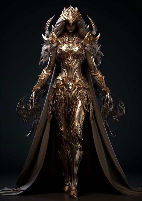 Gold Armor Aesthetic, Women Warrior Outfits, Dragon Armor Female, Fantasy Armor Dress, Fantasy Warrior Outfit, Female Armor Dress, Valkyrie Armor, Angel Armor, Gothic Armor