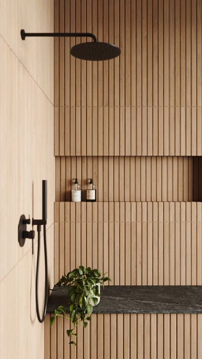 Shop Wood Look Bathroom Tile | Claim Your $1 Tile Sample Teak Shower Wall, Wood Slat Tile Bathroom, Green Wood Bathroom, Wood Tiles Bathroom, Wood Look Tile Shower Walls, Fluted Tile Bathroom, Wood Shower Walls, Wood Tile Shower Ideas, Wood Look Tile Bathroom