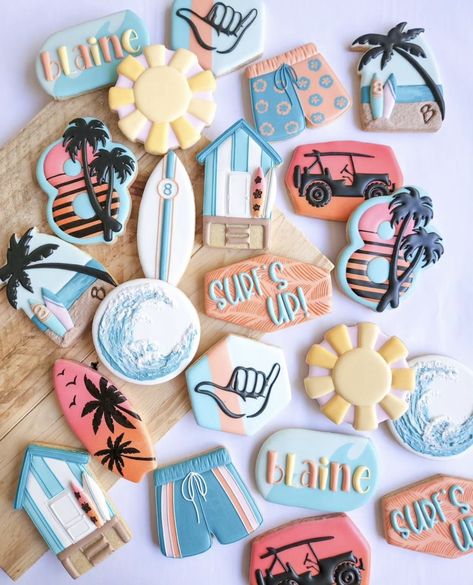 The Big One Surf Cookies, Beach Birthday Cookies, Surf Birthday Cookies, Surfer Cookies, Surf Cookies, Surfer Cookies Decorated, Surfing Birthday Cookies, Surfboard Cookies, Pool Party Cookies