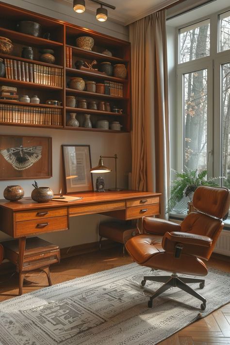 Mid Century Modern Home Office Design, Mid Century Modern Workspace, Study Room Ideas For Men, Vintage Office Ideas, 1930s Office, 1940s Office, Craftsman Office, Modern Study Rooms, Room With Natural Light