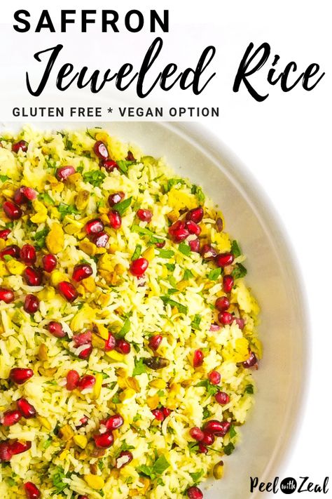 Jeweled Rice Recipe, White Rice Side Dish Recipes, Persian Rice Recipe Basmati, Pomegranate Rice, Persian Jeweled Rice, Easy Rice Side Dishes, Basmati Rice Recipe, Saffron Rice Recipe, Cleaning Vegetables