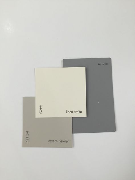 HC-172 Revere Pewter paired with Linen White PM-28 and AF-700 Storm. Benjamin Moore Interior Paint Colors Schemes, Revere Pewter, Paint Color Schemes, Exterior Paint Color, Neutral Paint Colors, Exterior Paint Colors For House, Casa Exterior, Neutral Color Scheme, Interior Paint Colors