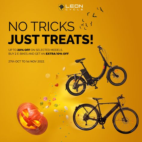 🎃HALLOWEEN SALE🎃 20% OFF on Selected E-Bikes | Buy 2 E-Bikes & Get an EXTRA 10% OFF + FREE SHIPPING Enjoy this Halloween with Just Treats. Huge Discount on FOO F1, NCM Venice Plus, Venice, C7, & C5 Electric Bicycles. Buy Now, Pay Later! Interest-Free Installments Available Get your e-bike now! #ElectricBikes #electricbikesale #ncmebikes #halloweensale #halloween2022 Electric Bicycles, Bike Poster, Motion Design Video, Design Video, Halloween Sale, Ads Creative, E Bike, Buy Now Pay Later, Motion Design