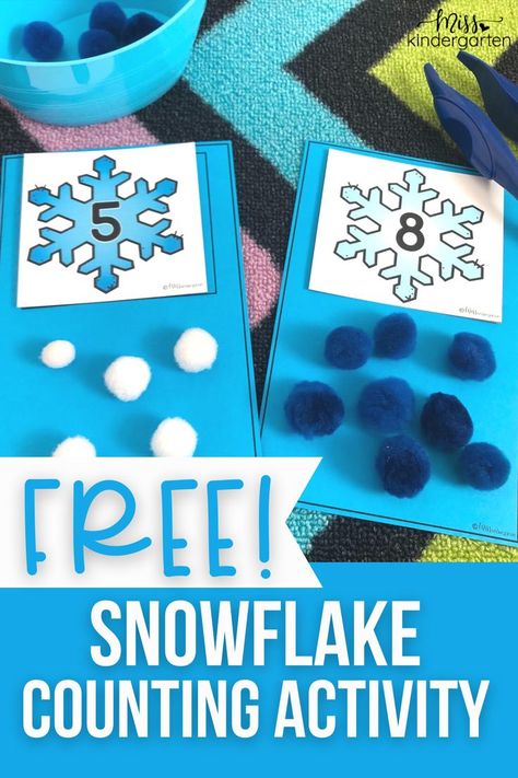 I can't think of a better winter math activity than counting snowflakes! Grab this FREE snowflake counting activity for your kindergarten math centers. Add a pair of jumbo tweezers to add some fine motor practice as the students count snowflakes. Ten Sparkly Snowflakes Activities, Snowflake Math Kindergarten, Prek Winter Math Activities, Teaching Winter To Preschool, Snowflake Math Preschool, Snowflake Counting Preschool, Winter Math Games Kindergarten, Winter Centres For Kindergarten, Snowflake Math Activities