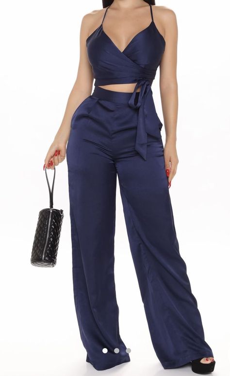 Two Piece Outfits Pants Classy, Satin Matching Set, Navy And Coral, Satin Pant, Coral Fashion, Surplice Top, Satin Pants, Review Fashion, Loungewear Women