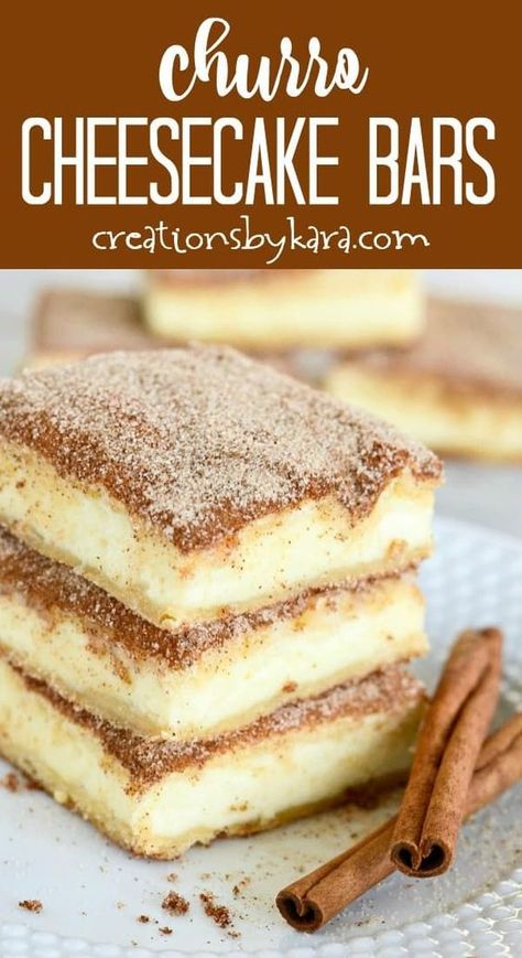 Churro cheesecake bars are sure to become a favorite dessert! The crunchy cinnamon of churros combined with the creamy tanginess of cheesecake. An easy and delectable dessert recipe! #churrocheesecakebars #churrocheesecake #churro #cheesecakebars #cinnamondessert -from Creations by Kara Cheesecake Churro, Churro Cheesecake Bars, Fancy Desserter, Cinnamon Desserts, Resepi Roti, Churro Cheesecake, Smores Dessert, Cheesecake Bar Recipes, Oreo Cupcakes