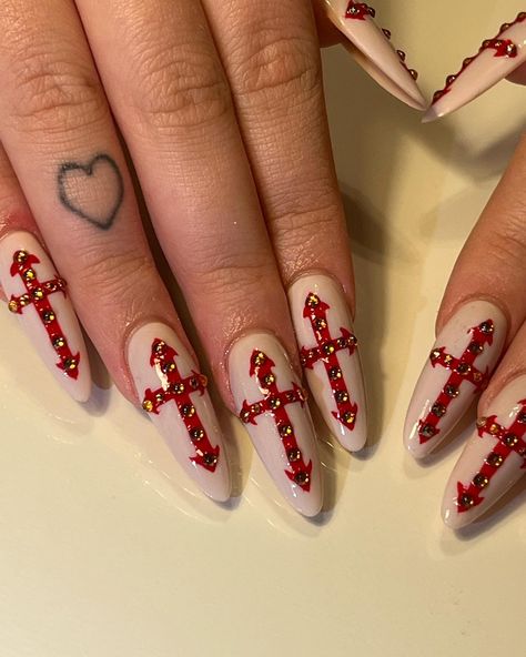 Crucifix Nail Art, Gem Cross Nails, Rhinestone Cross Nails, Crosses On Nails, Gothic Cross Nails, Crucifix Nails, Red Nails With Cross, White Nails With Cross, Nails Cross Design