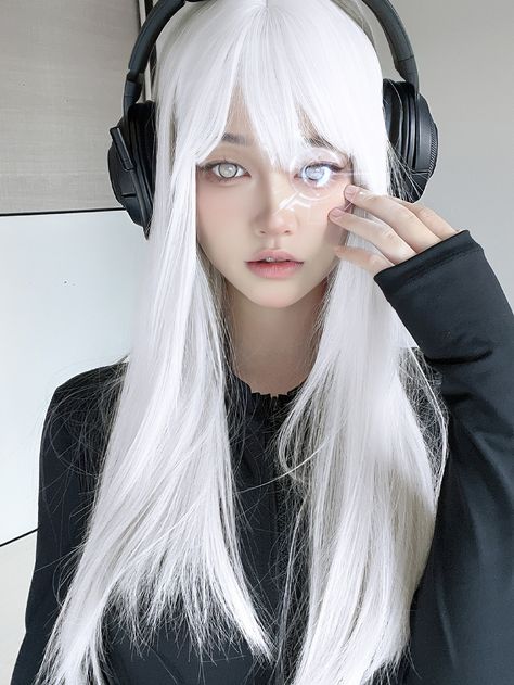 White  Collar  Synthetic Fiber  Bangs Wig Embellished   Wigs & Accs Cute Bangs, White Goth, Fake Hair, Anime Hair, Long Straight Hair, Long Hair Women, Character Sheet, Haircuts With Bangs, Bang Bang