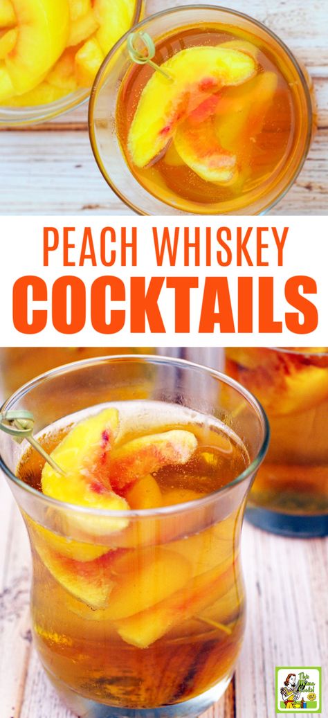 Love whiskey drinks? Then you have to try this Peach Whiskey Cocktails recipe! This easy whiskey cocktail recipe uses peach flavored whiskey, frozen peaches, and seltzer. Light and refreshing! Old Camp Peach Pecan Whiskey Recipes, Crown Peach Drink Recipes Easy, Jim Beam Peach Drinks Recipes, Jim Beam Peach Drinks, Peach Brandy Cocktails, Crown Peach Drinks Recipes Cocktails, Peach Drinks Alcohol, Crown Peach Drink Recipes, Peach Whiskey Cocktails