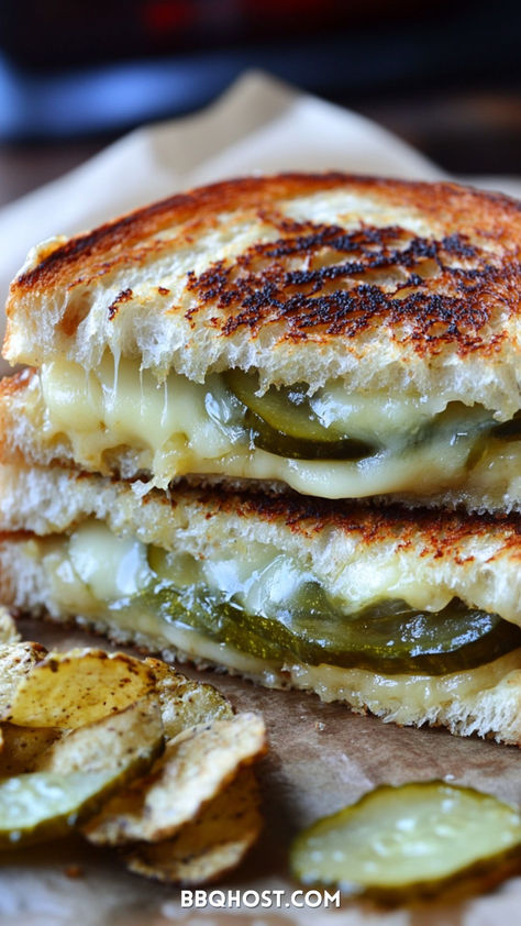 Pickle Grilled Cheese: the ultimate treat for pickle lovers! This easy recipe combines tart pickle slices, crispy potato chips, and gooey cheese for a satisfying crunch with every bite. It’s a fun upgrade to your regular grilled cheese and so simple to make! Save this now and check out the blog for 50+ recipes! Pickle Grilled Cheese, Fontina Grilled Cheese, Cheese And Pickle Sandwich, Pickle Sandwich, Crispy Potato Chips, Grilled Cheese Sloppy Joe, Grilled Ham And Cheese, Grilled Taco, Making Grilled Cheese