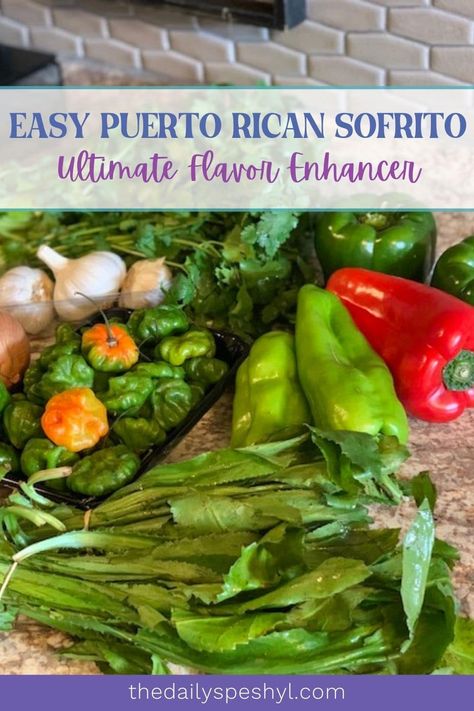 Elevate your cooking with this easy Puerto Rican sofrito recipe! Made with a mix of peppers, herbs, garlic, and citrus juice, it adds amazing flavor to any dish. Visit thedailyspeshyl.com for the full recipe. #EasySofrito #FlavorEnhancer #PuertoRicanFlavors #TheDailySpeshyl Easy Puerto Rican Meals, Recaito Recipe, Puerto Rican Sofrito Recipe, Sofrito Recipe Puerto Rican, Puerto Rican Sofrito, Sofrito Recipe, Flavorful Meals, Puerto Rico Food, Boricua Recipes