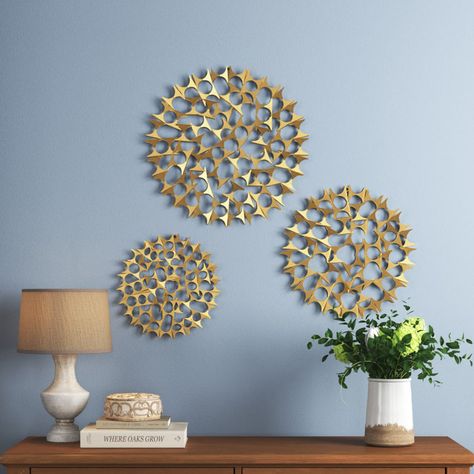 Wade Logan® 3 Piece Metal Starburst Wall Decor with Cutout Design Set 15", 19", 23"D & Reviews | Wayfair Staircase Wall Decor, Starburst Wall Decor, Gold Wall Decor, Dining Room Wall Decor, Metal Wall Sculpture, Contemporary Homes, Nails And Screws, Abstract Decor, Accent Wall Decor