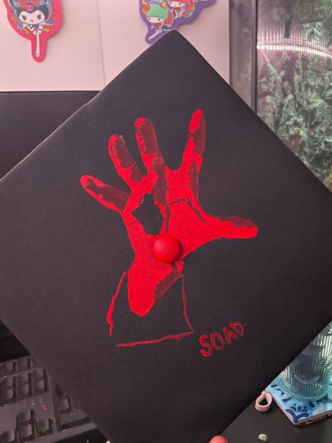 my granduation cap 🙀 #SOAD #SYSTEMOFADOWN #graduation Korn Graduation Cap, Deftones Graduation Cap, Radiohead Graduation Cap, Emo Grad Cap, Gothic Graduation Cap, Mcr Graduation Cap, Graduation Cap Designs Music, Goth Graduation Cap, Emo Graduation Cap