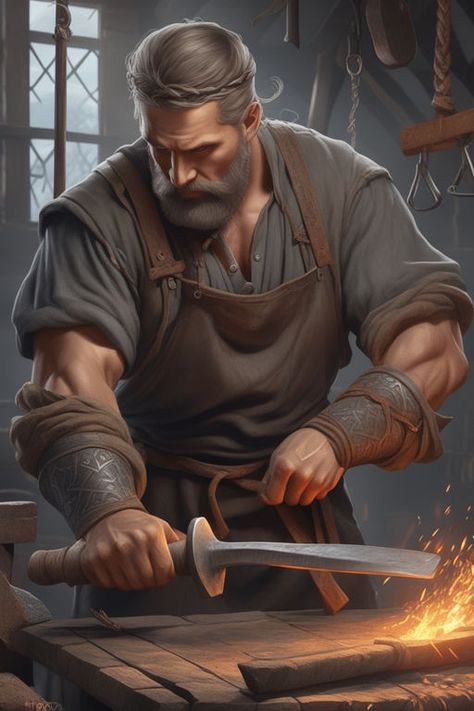 Dnd Blacksmith, Fantasy Blacksmith, Blacksmith Character, Film Costumes, Black Smith, D D Character Ideas, Ghost Cat, Fantasy Male, Character Ideas