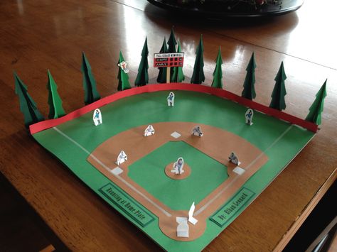 Baseball Projects For School, Cardboard Baseball Stadium, Diy Baseball Field, Lego Baseball Field, Baseball Classroom Transformation, Kindergarten Science Projects, Baseball Project, Diorama Kids, School Creative