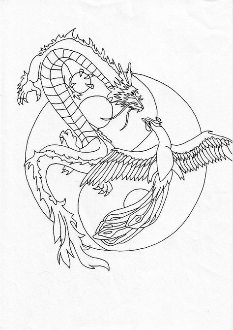 Phoenix Chinese, Symbols Of Strength Tattoos, Dragon Coloring Pages, Phoenix Dragon, Chinese Dragon Tattoos, Dragon Coloring, Yin Yang Tattoos, Geometric Tattoo Arm, Chinese Tattoo