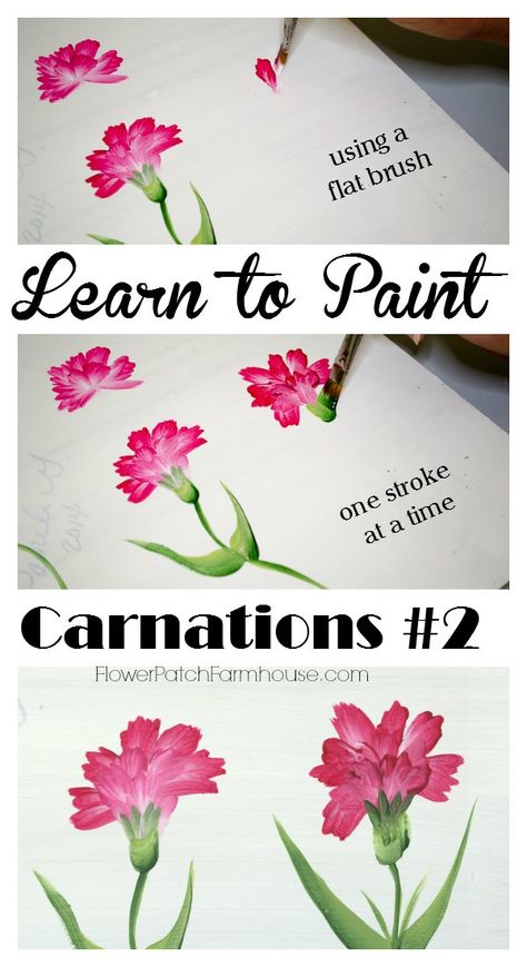 Learn how to Paint Carnations 2,  Paint carnations one stroke at a time, using a flat brush. Easy and fun, FlowerPatchFarmhouse.com Carnation Painting Acrylic, Painting Flowers Acrylic Step By Step, Paint Carnations, Carnations Painting, Painted Carnations, Painting Carnations, Carnation Painting, Hur Man Ritar Blommor, Donna Dewberry