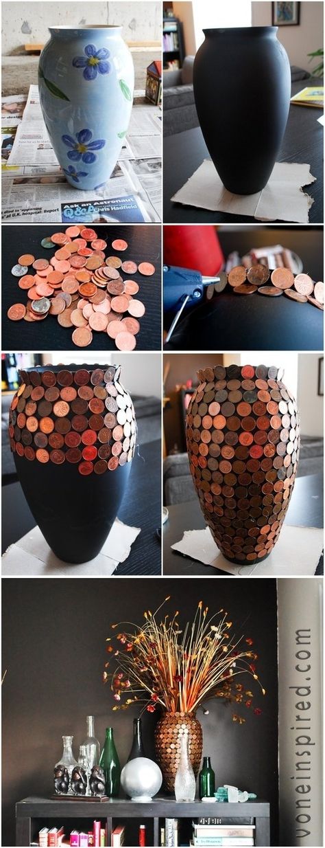 Stunning! Who knew coins could be chic Vase Project, Cheap Vases, Old Vases, Herringbone Backsplash, Dekor Diy, Diy Simple, Do It Yourself Crafts, Crafty Craft, Crafty Diy