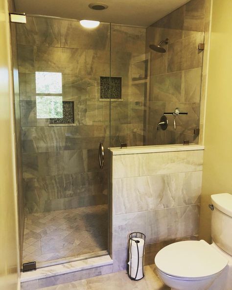 Shower With Knee Wall, Shower Knee Wall, Farm Bathroom, Walk In Showers, Knee Wall, Walk In Shower Designs, Frameless Shower Doors, Guest Bathrooms, Basement Bathroom