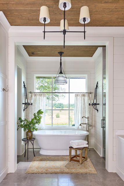 Bathroom Vaulted Ceiling, Carson Mcelheney, Tub Nook, Ceiling Shiplap, Georgia Farmhouse, Maggie Griffin Design, White Shiplap Walls, Griffin Design, Cottage Bedrooms