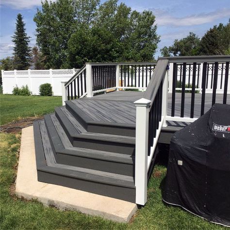 Top 50 Best Deck Steps Ideas - Backyard Design Inspiration Dark Grey Decking Ideas, Patio Steps Ideas Backyards, Dark Grey Decking, Grey Deck Ideas, Grey Decking Ideas, Dark Grey Deck, Deck Steps Ideas, Steps Backyard, Trex Deck Ideas