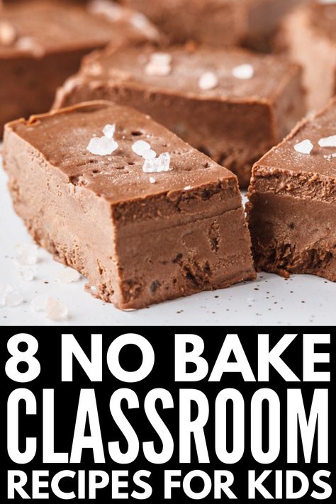 8 No Bake Classroom Recipes for Kids | Looking for cooking activities for kids that can be enjoyed in a classroom setting? Whether you’re trying to compliment specific lesson plans with things like baking soda and food coloring, need Halloween treats or Valentine’s Day ideas to enjoy together, or want to teach kids about healthy eating by making something simple like granola bars, we have you covered! #nobakerecipesforkids #nobakecooking #cookingactivities #cookingintheclassroom No Cook Preschool Recipes, Easy Cooking Class Ideas, Making Food In The Classroom, Easy Classroom Food Recipes, January Cooking Ideas For Kids, Elementary School Cooking Activities, Baking In The Classroom, Preschool Cooking Projects, Classroom Cooking No Bake