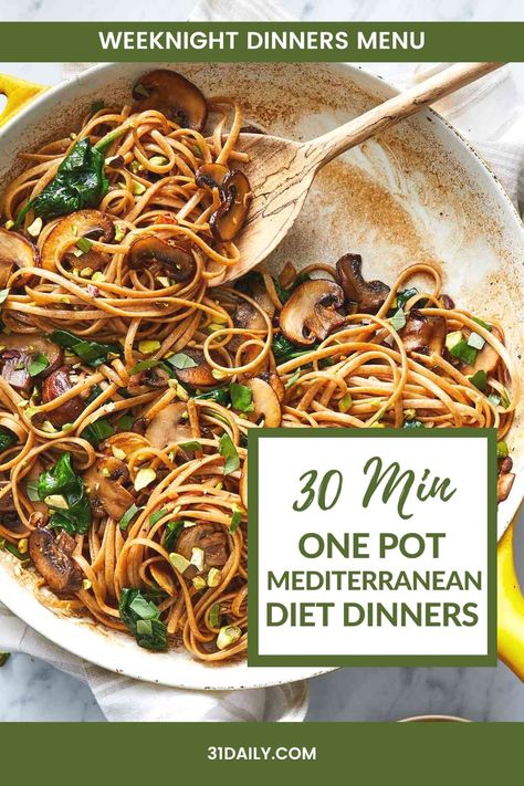 This 30 Minute One Pot Mediterranean Diet Dinners Meal Plan is a quick and easy, not to mention a delicious way to make meals this week. Most are made in one skillet, others in one pot, but all feature healthy winter-inspired Mediterranean ingredients! Aldi Mediterranean Meal Plan, Mediterranean Diet Baking Recipes, Mediterranean One Pot Meals, Make Ahead Mediterranean Meals, Mediterranean Food Recipes Healthy, Mediterranean Diet Recipes Meal Plan, Mediterranean Instant Pot Recipes, Mediterranean Diet Pasta Recipes, Mediterranean Diet Meal Plan Easy