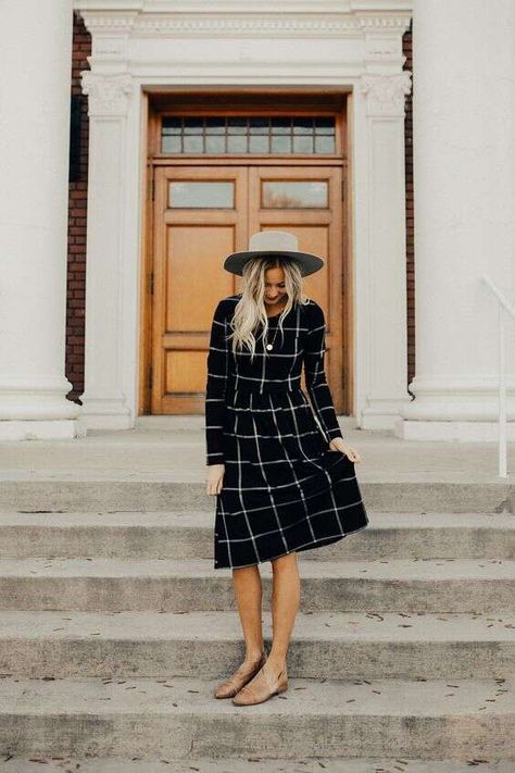 Black Windowpane Plaid Midi Dress Plaid Dress Outfit, Grid Dress, Tartan Mini Skirt, Houndstooth Scarf, Pattern Outfits, Southern Fashion, Windowpane Plaid, White Denim Skirt, Winter Dress Outfits