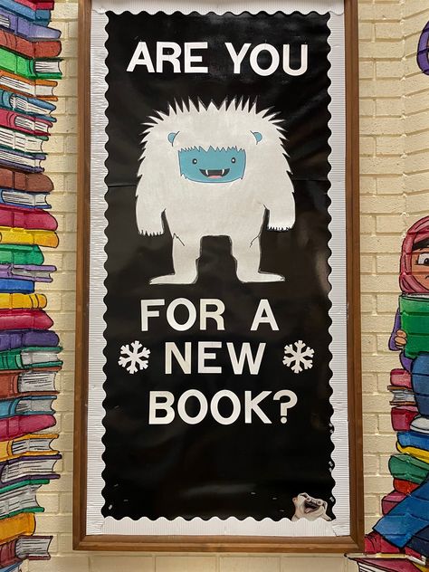 Funny Winter Bulletin Boards, Library Genre Signage, Winter Bulletin Boards Library, Winter Wonderland Library Decorations, Winter Book Bulletin Board Ideas, Winter Library Displays Bulletin Boards, Cozy Up With A Good Book Bulletin Board, Winter Bulletin Boards For Library, Library Winter Bulletin Board Ideas