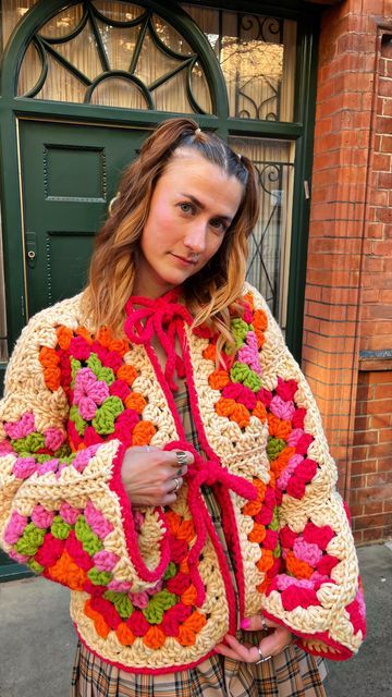 Fluffy Crochet Clothes, Chunky Granny Square Cardigan, Granny Square Fashion, Chunky Cardigan Crochet, Sashay Crochet, Bubblegum Pink Lipstick, Granny Square Project, Crochet Granny Square Cardigan, Crochet Fluffy