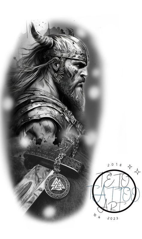 Viking Warrior Tattoos Sleeve, Viking Warrior Tattoo Design, Vikings Tattoo Design, Viking Art Tattoo, Norse Tattoo Designs, Viking God Tattoo, Viking Gods Tattoo Sleeve, Viking Soldier Tattoo, Viking Skull Art