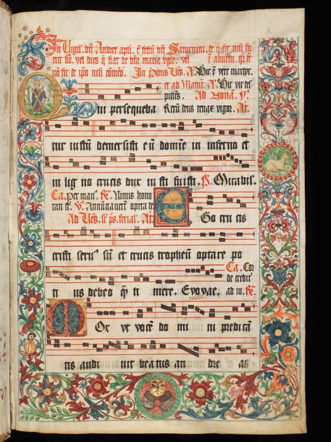 A richly decorated medieval music sheet. The border are made of a large variety of flowers. Music Manuscript, Medieval Music, Early Music, St Nicolas, Medieval Manuscript, Illuminated Manuscript, Medieval Art, Note Writing, Frame Decor