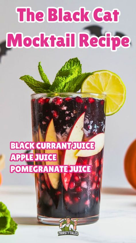 "Discover the perfect Halloween treat with the Black Cat Mocktail Recipe! This non-alcoholic Black Cat drink is a spooky and festive addition to your celebrations. With its eerie appearance and delicious flavors, the Creepy Black Cat Mocktail is sure to impress your guests. Enjoy this Black Cat non-alcoholic beverage at your next gathering or Halloween party. Try the Black Cat drink recipe for a fun and refreshing twist that everyone will love!" Creepy Black Cat, Black Currant Juice, Alcoholic Treats, Alcohol Free Drinks, Easy Halloween Food, Colorful Drinks, The Black Cat, Easiest Apples, Halloween Drinks