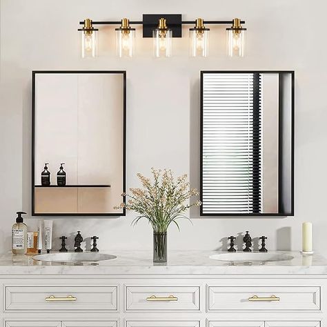 Light Small Bathroom, Black Bathroom Light Fixtures, Bathroom Lights Over Mirror, Black Bathroom Light, Modern Vanity Lighting, Vanity Lights Bathroom, Black Vanity Bathroom, Wall Light Shades, Matte Black Bathroom