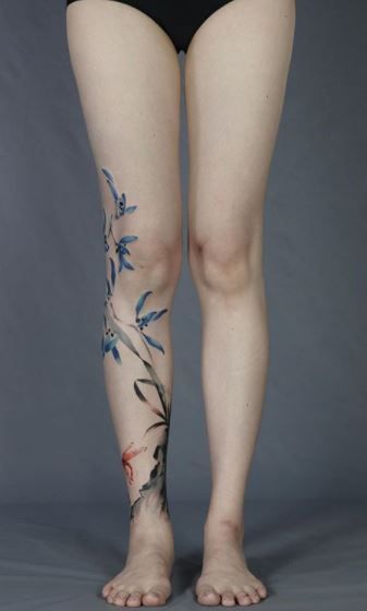 Shin Tattoo Flower, Full Shin Tattoo, Full Body Flower Tattoo, Chinese Leg Tattoo, Chinese Art Tattoo, Ancle Tatoos Woman, Plum Tattoo, Chinese Tattoos, Flower Hip Tattoos