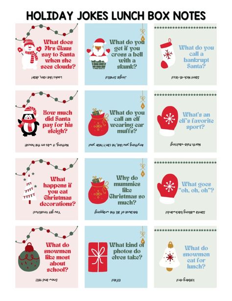 Holiday Jokes Lunch Box Notes for Kids (Free Printable) Free Printable Lunch Notes, Christmas Lunch Box Jokes For Kids, Christmas Lunch Box Notes, Lunch Box Jokes For Kids, Lunch Notes For Kids, Conversation Ideas, Lunch Box Notes For Kids, Printable Lunch Notes, Notes For Kids Lunches