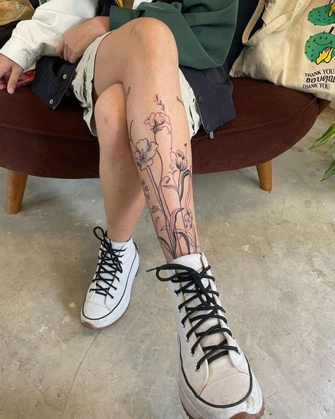 Tattoo by @pointpaint_ on IG Flower Tattoos Big, Wrap Around Calf Tattoos For Women, Tattoos Calf, Tattoo Ideas Flower, Tattoos Big, Skyrim Tattoo, Big Tattoos, Trend Tattoo, Tattoos Ankle