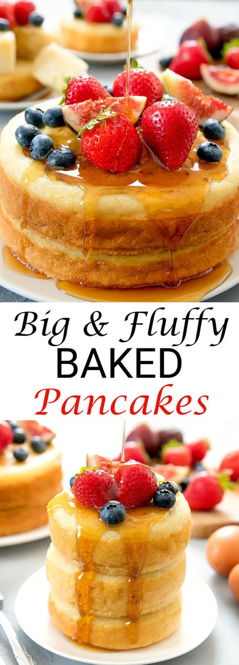 These giant buttermilk pancakes are baked in the oven. They come out big, thick and fluffy and make for a fun brunch presentation. Giant Fluffy Pancakes, Heathy Eats, Breaking Fast, Ip Recipes, Savory Cakes, Buckwheat Cake, Pancake Recipe Buttermilk, Springform Pan Cake, Pancake Toppings