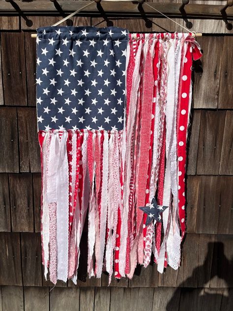 Porch Bunting, Rustic Wooden American Flag, Rag Flag, Ribbon Flag, Flag Wall Hanging, Rustic Flags, American Flag Decor, Americana Wreath, Wooden American Flag