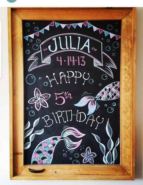 Mermaid Birthday Chalkboard Sign, Mermaid Chalkboard Art Birthday, Mermaid Chalkboard Art, Mermaid Chalkboard, Birthday Chalkboard Art, Blackboard Ideas, Blackboard Drawing, Chalkboard Doodles, Mermaid Theme Birthday Party