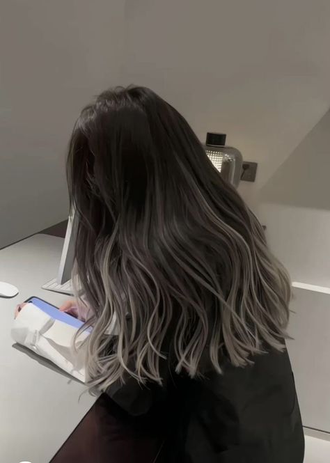 Black Hair With Beige Highlights, Silver Ash Hair Color, Balayage Hair Silver Blonde, Brown Grey Ombre Hair, Silver Ends Hair, Peekaboo Hair Colors Medium Length, Ash Gray Highlights On Black Hair, Black To White Ombre Hair, Balayage Silver Hair