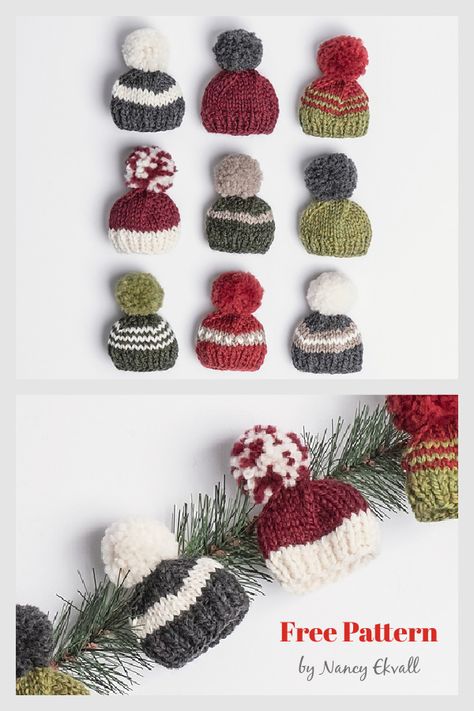 Mini Santa Hat Knitting Pattern Free, Mini Knitted Hats Free Pattern, Mini Knit Christmas Ornaments, Mini Knit Hats, Mini Mittens Knitting Pattern, Knitted Mini Christmas Hats, Free Knit Christmas Ornament Patterns, Useful Gifts To Sew, Mini Knit Hat Ornaments