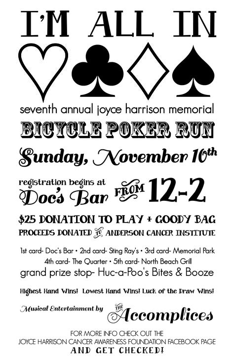 Bicycle poker run weekend of the fundraiser! Would be fun! Poker Run Stop Ideas, Poker Run Ideas, Casino Fundraiser Games, Golf Cart Poker Run Ideas, Poker Tournament Fundraiser, Fun Run Fundraiser, Ef Tours, Poker Run, Fun Fundraisers