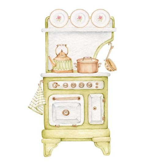 Watercolor Kitchen, Posters Diy, Vintage Stoves, Protest Posters, Stove Oven, Diy Book, Cute Illustration, Vintage Kitchen, Paper Dolls