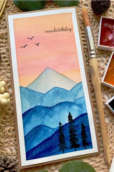 Learn how to paint a simple landscape with mountains at sunset using watercolour and make a beautiful handmade card. Easy landscape sunset mountains watercolour painting for beginners. #EasyWatercolourMountains #WatercolourMountainSunset #WatercolourMountainLandscape Easy Watercolour Landscapes, Watercolour Painting For Beginners, Landscape For Beginners, Watercolour Sunset, Landscape With Mountains, Watercolor Painting For Beginners, Easy Landscape, Simple Landscape, Easy Landscape Paintings